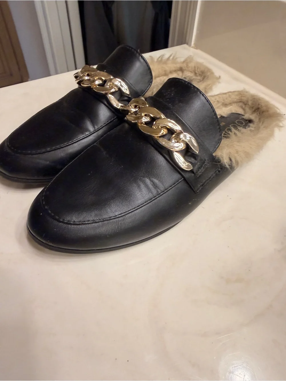 Matisse Black Faux Fur-Lined Slip-On Loafers with Gold Chain